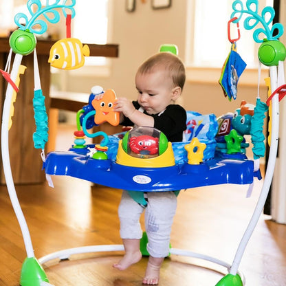 Baby Einstein Neptune's Ocean Discovery Activity Jumper with removable toys, colorful play center, adjustable heights, 360° rotation.