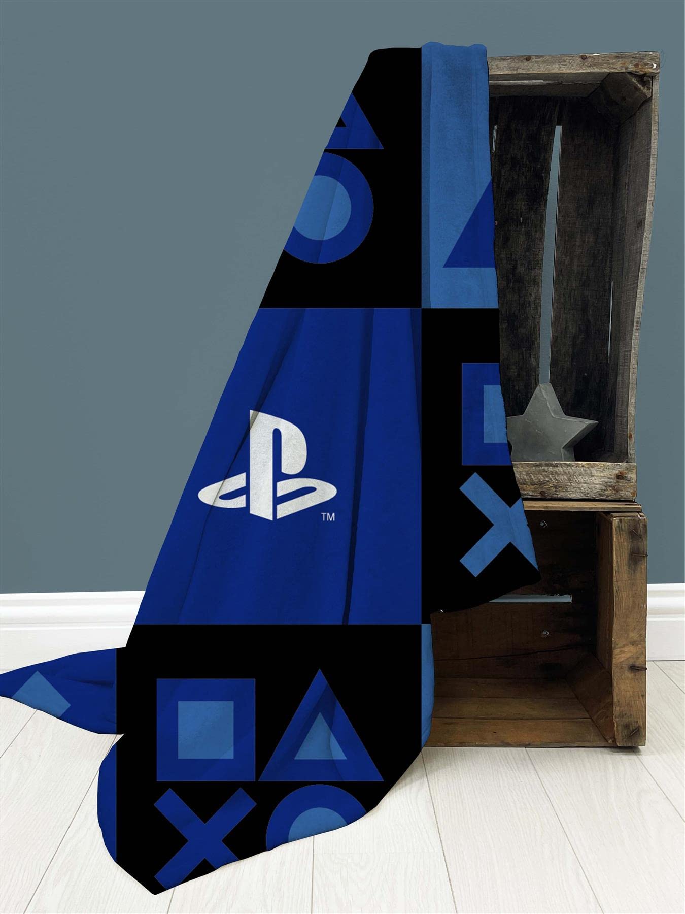 PlayStation fleece blanket with controller icons check design, super soft bed throw, 100x150cm for cozy bedroom use.
