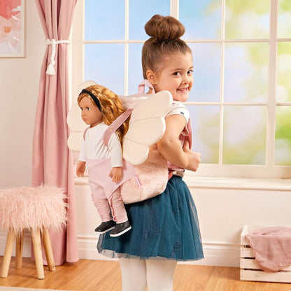 Our Generation pink doll carrier backpack with adjustable straps and storage pockets for 18-inch dolls.