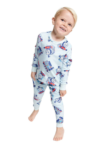 Thomas The Tank Engine Boys Pyjamas- Fleece Twosie - Official Two Piece Set with Long Sleeve Top & Cuffed Bottoms - Super Soft and Cosy Nightwear Gift- Ages 1-5 Years Blue