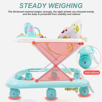 Ccarzzi baby walker for 6-18 months with foldable design, music, toys, food tray, adjustable heights, and removable seat cushion.