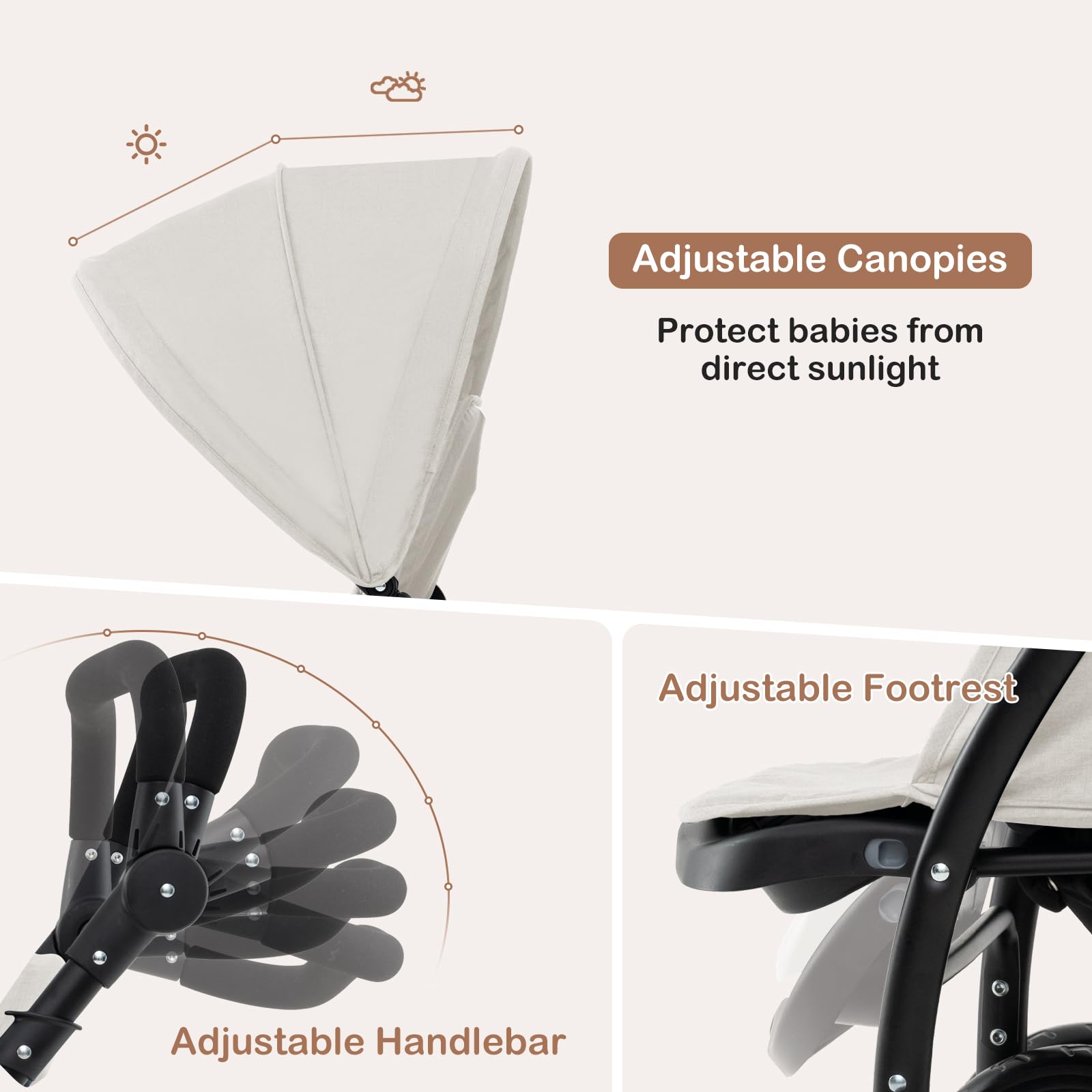 Costway double seat pushchair with beige foldable tandem stroller, adjustable backrest, sunshade, safety belts, and storage basket.