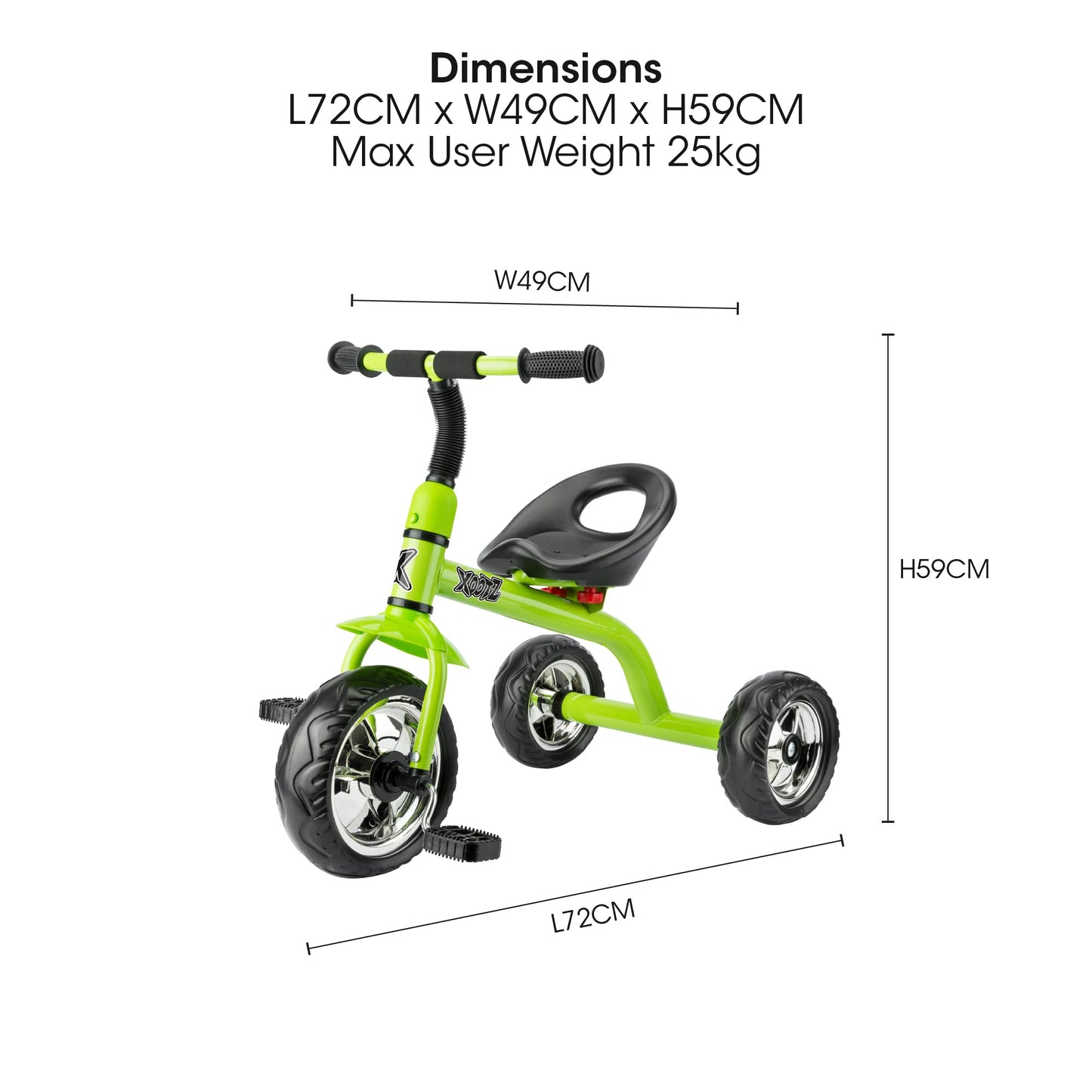 Xootz tricycle for kids, featuring a portable design and easy clip attachment, shown in a colorful outdoor setting.