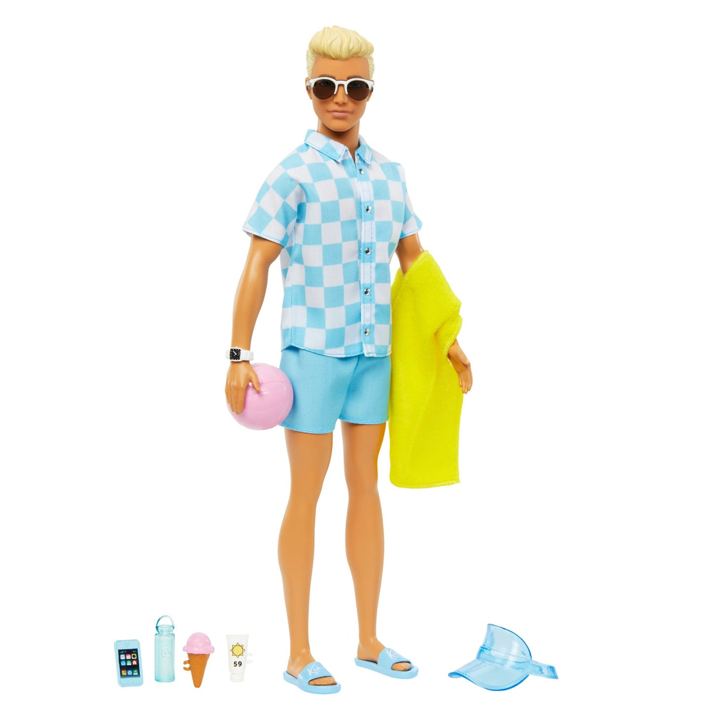 Blonde Ken doll in blue button-down shirt and swim trunks, with visor, towel, and beach accessories from Barbie.