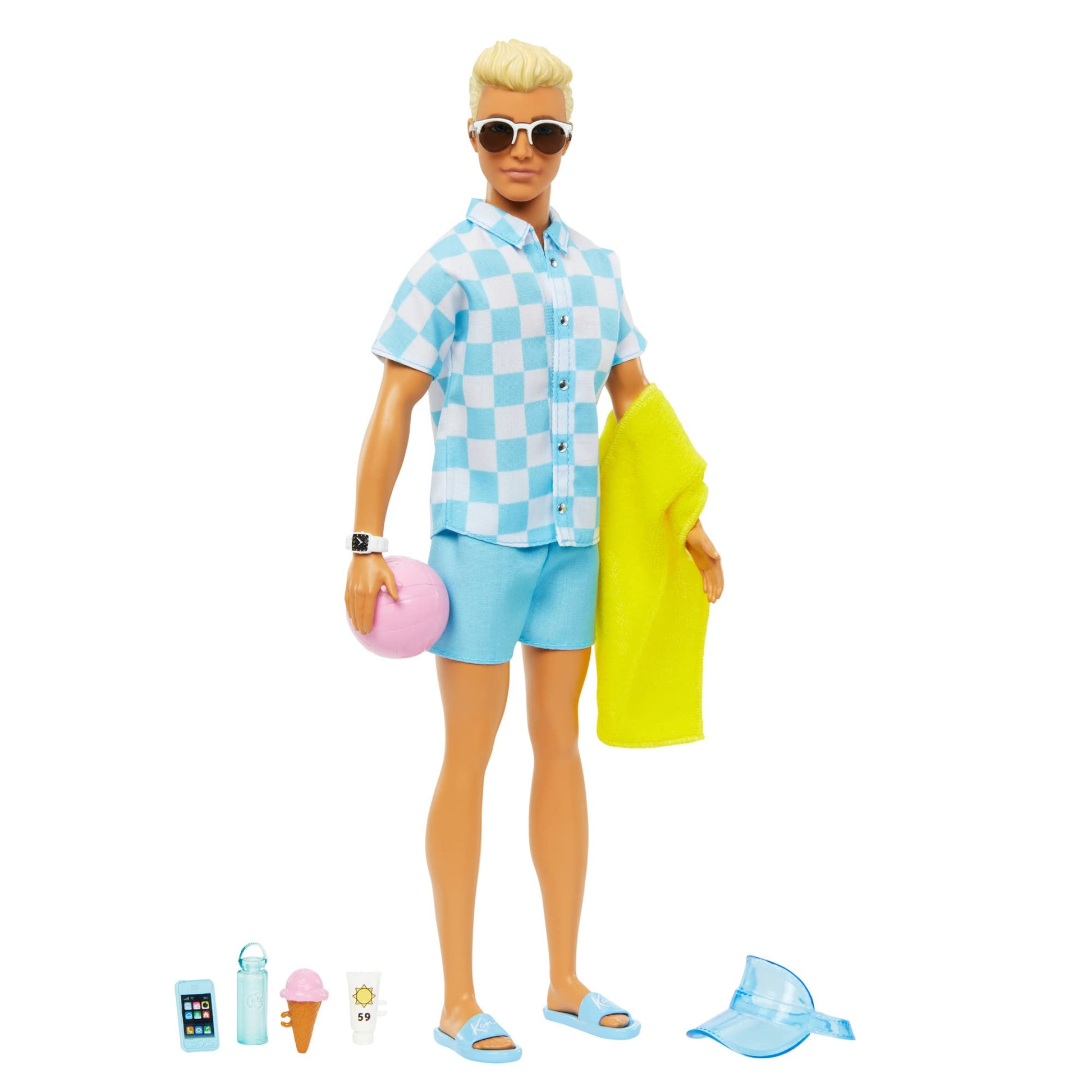 Blonde Ken doll in blue button-down shirt and swim trunks, with visor, towel, and beach accessories from Barbie.