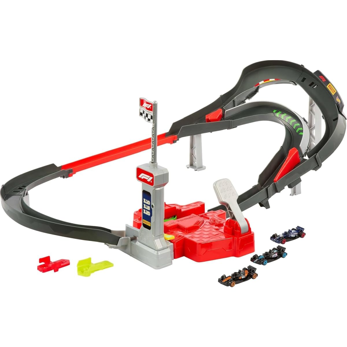 Hot Wheels Toy Car Track Set, 3 Formula 1 Die-Cast Vehicles in 1:64 Scale: McLaren F1 Team, Alpine & VCARB, Sprint Race Circuit (Teams May Vary), JDY15