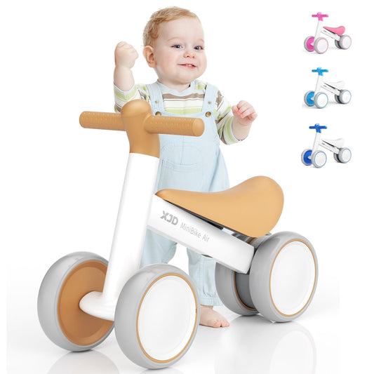 Brown XJD baby balance bike for toddlers, designed for 10-24 months, featuring no pedals and suitable for first rides.