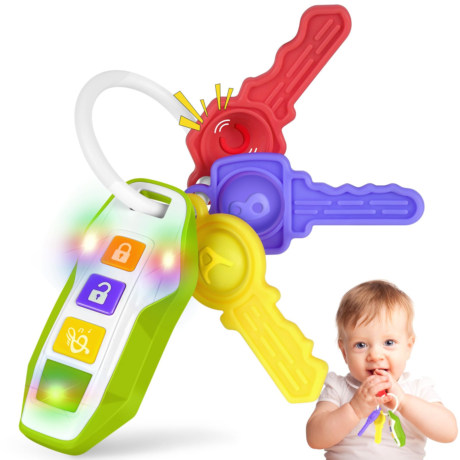 Green baby car keys teething toy with lights and music, designed for sensory learning and developing fine motor skills.