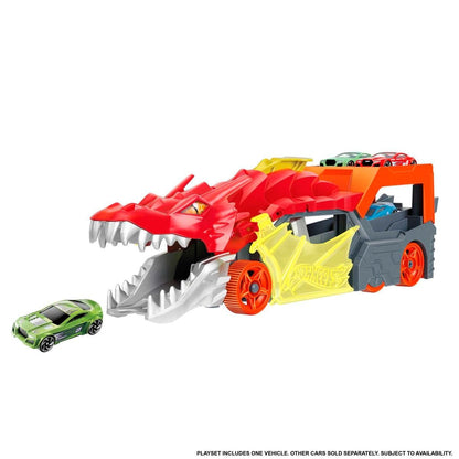 Hot Wheels Dragon Launch Transporter with vibrant dragon design and multiple toy cars on display.