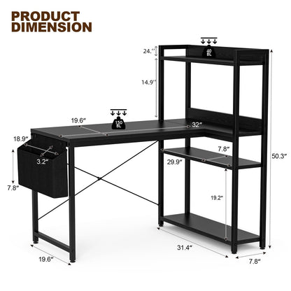 Grandder 100x80 cm L Shaped Gaming Desk with Reversible Storage Shelves, Computer Desk Home Office Corner Study Writing Table with Hutch, Study, Black