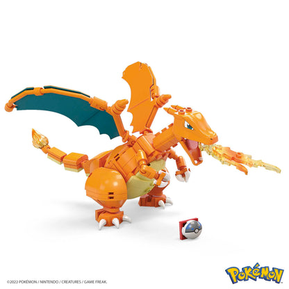 Charizard action figure by Mega Brands, 10 cm tall, 222 pieces, includes Poke Ball pin, ideal for Pokémon fans and collectors.