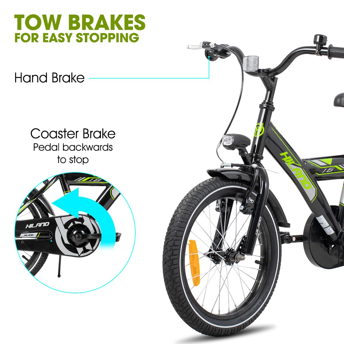 Hiland 18 Inch Kids Bike for Boys Girls, Bike for Kids with Hand Brake Coaster Brake, Kids Bicycle with Stabilisers Luggage Carrier, Black