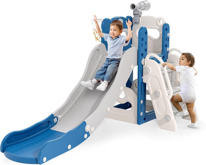 Kids Slide,Indoor Thickened Widened toddler slide with basketball hoop, climbing frame for the garden,storage space slide ((5-in-1 Naughty Bear Slide 170+Ball Frame+Telescope-Blue Gray))