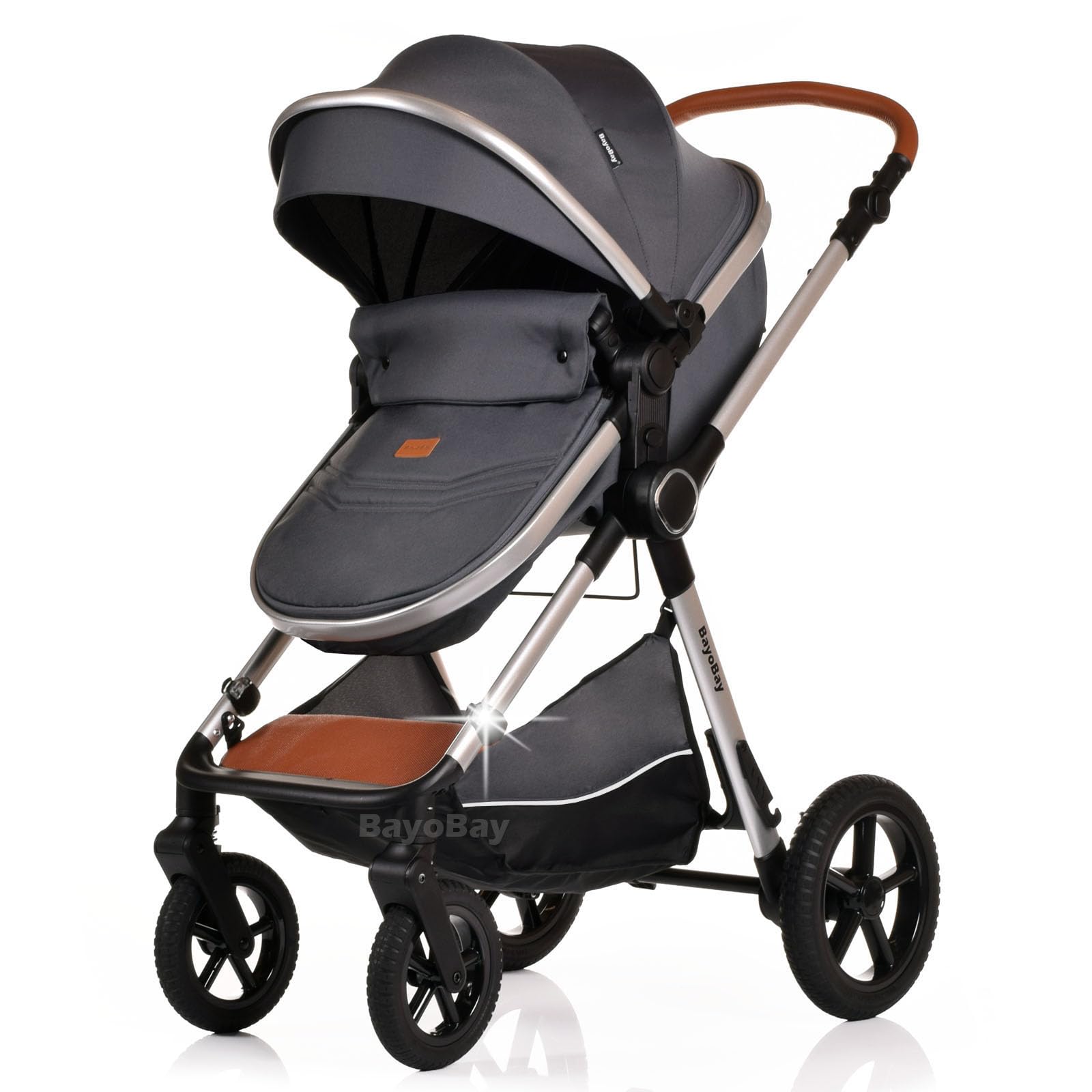 BayoBay 3-in-1 baby buggy pram and stroller in grey silver with car seat and carrycot, lightweight foldable travel system for newborns