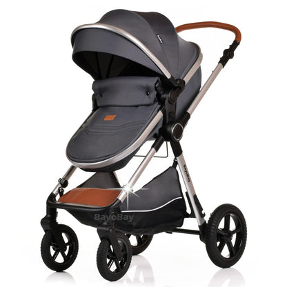 BayoBay 3-in-1 baby buggy pram and stroller in grey silver with car seat and carrycot, lightweight foldable travel system for newborns