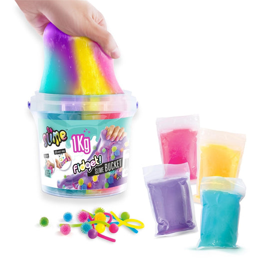 Colorful 1 kg So Slime fidget slime bucket with multicolored slime, accessories, and transparent container for children ages 6+