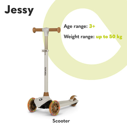 LIONELO JESSY kids scooter with LED light-up wheels, height adjustable, non-slip platform, and lean-to-steer design.