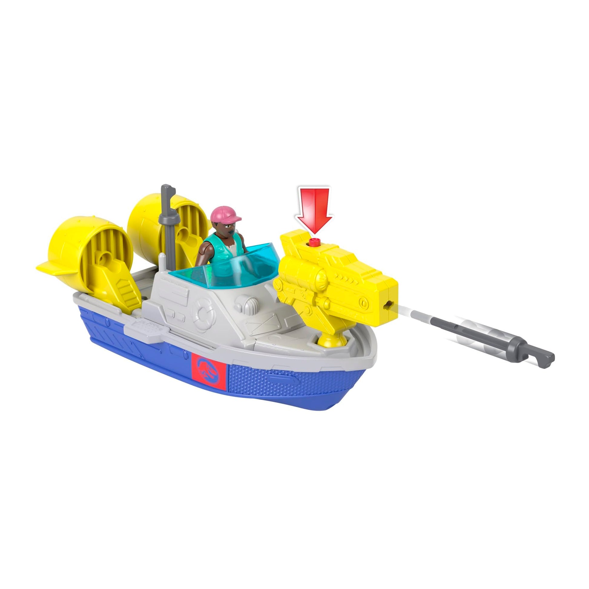 Fisher-Price Imaginext Jurassic World Rebirth Aquachomp Chase Mosasaurus dinosaur toy with launcher boat, action figure, and projectiles.