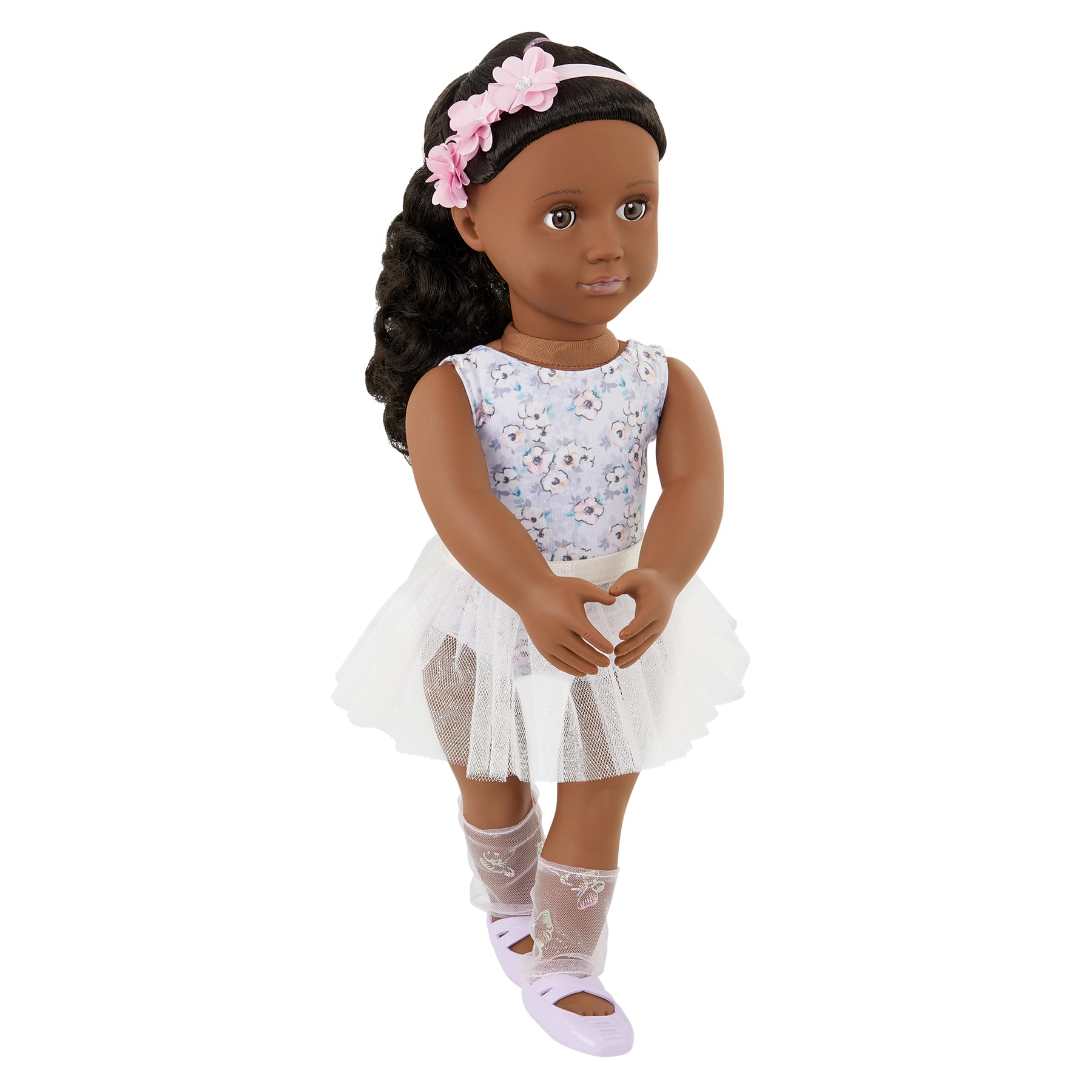 Our Generation Mysa doll features a dark-haired ballerina in a white leotard and tutu, perfect for imaginative play.
