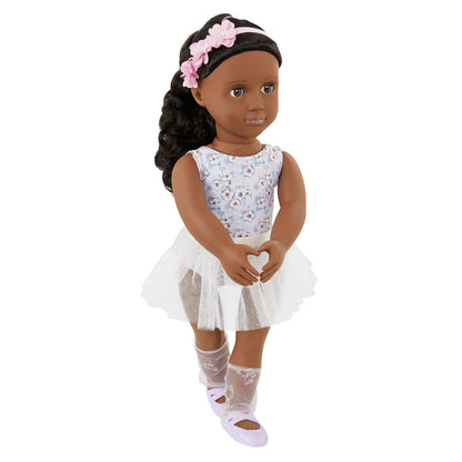 Our Generation Mysa doll features a dark-haired ballerina in a white leotard and tutu, perfect for imaginative play.