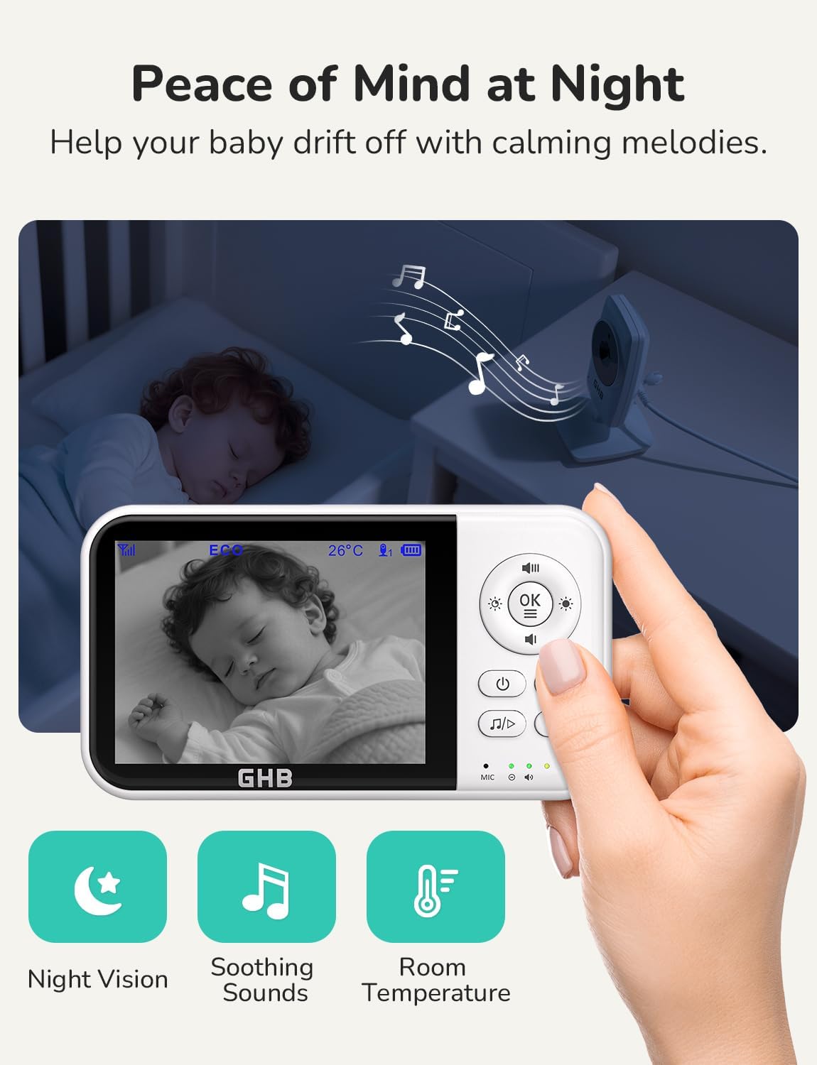 GHB baby monitor with camera, night vision, 3.2-inch screen, 2-way audio, temperature sensor, zoom, lullabies, and feeding reminder.