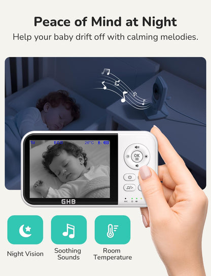 GHB baby monitor with camera, night vision, 3.2-inch screen, 2-way audio, temperature sensor, zoom, lullabies, and feeding reminder.