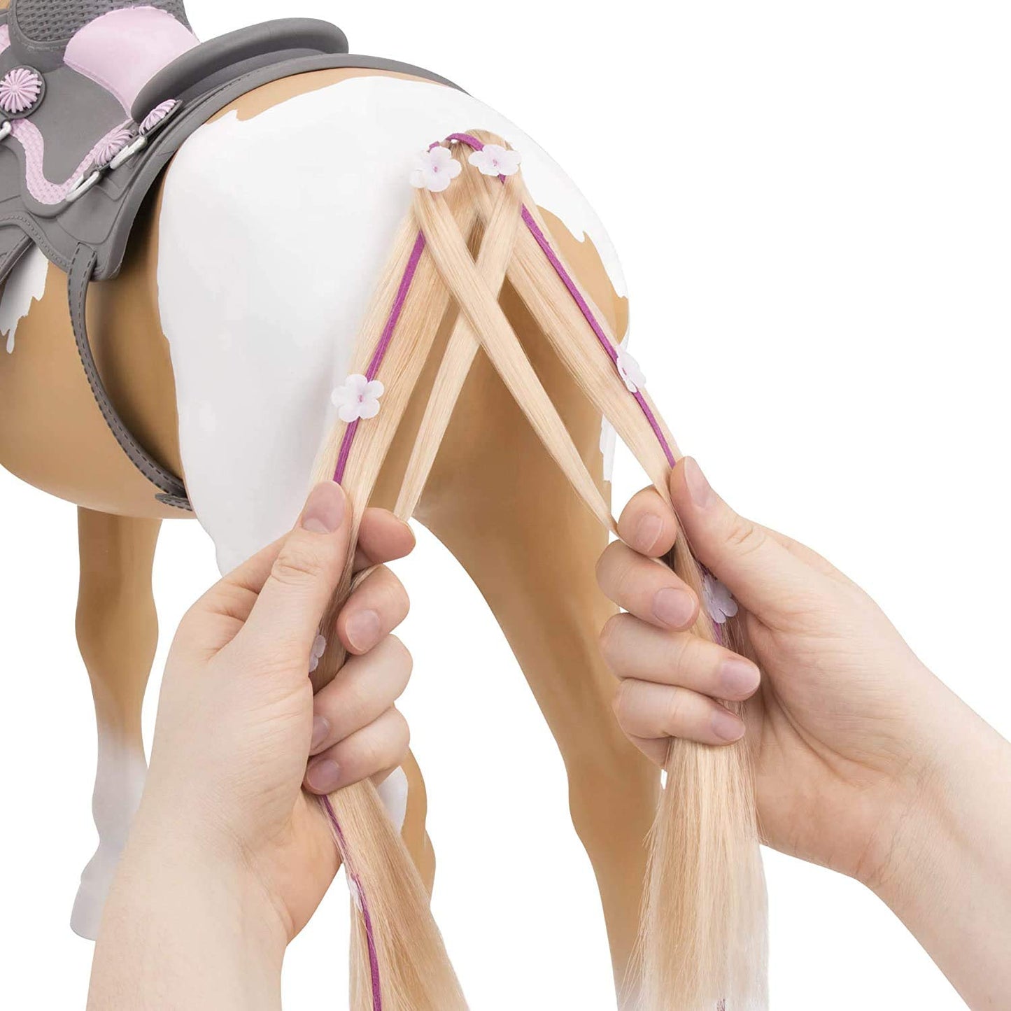 Our Generation Palomino Pain Hair Kids Toy Play Horse with bridle, hair brush, ribbons, green extension, and western saddle.