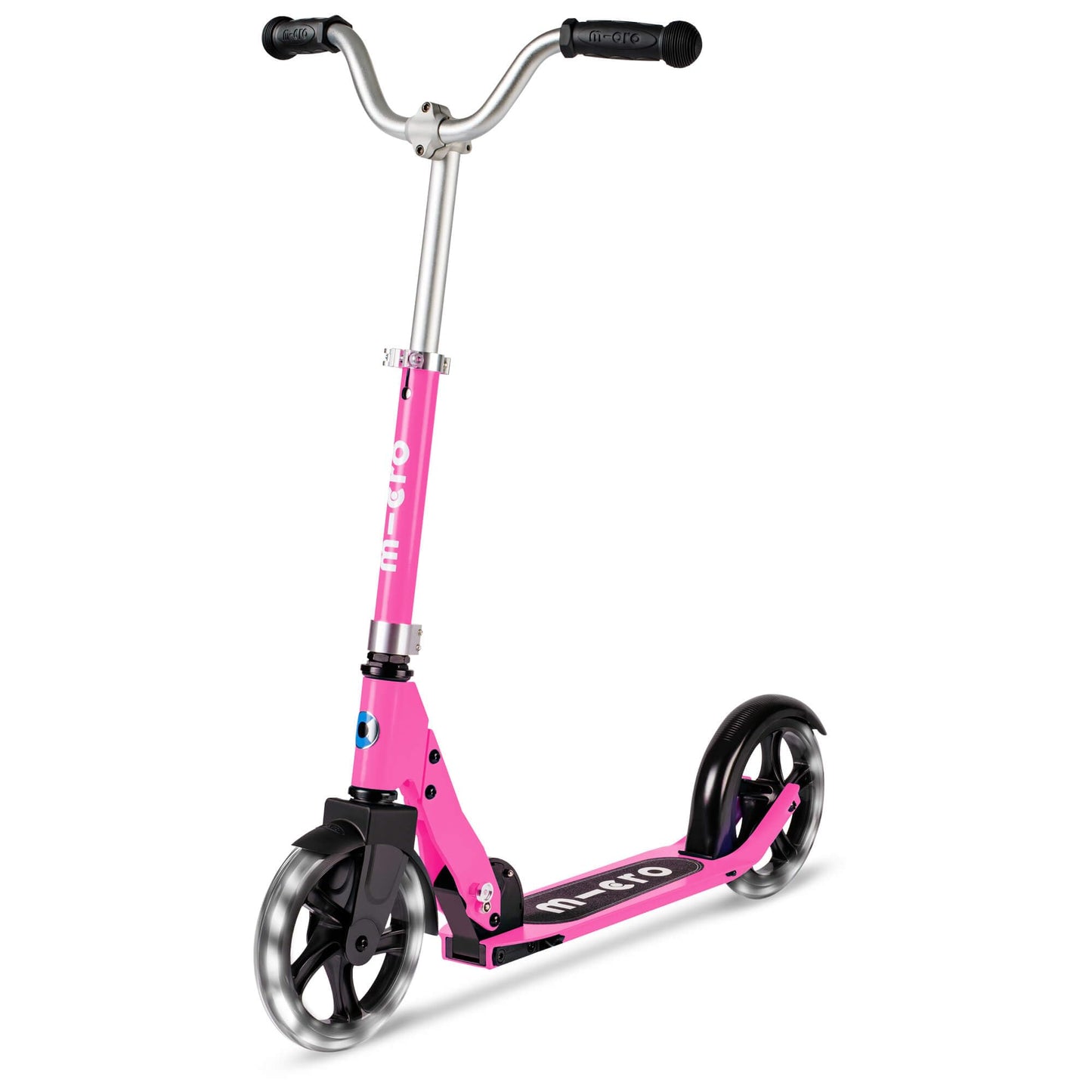 Micro Cruiser LED children's scooter in pink, featuring adjustable handlebar, light-up wheels, and a foldable design.