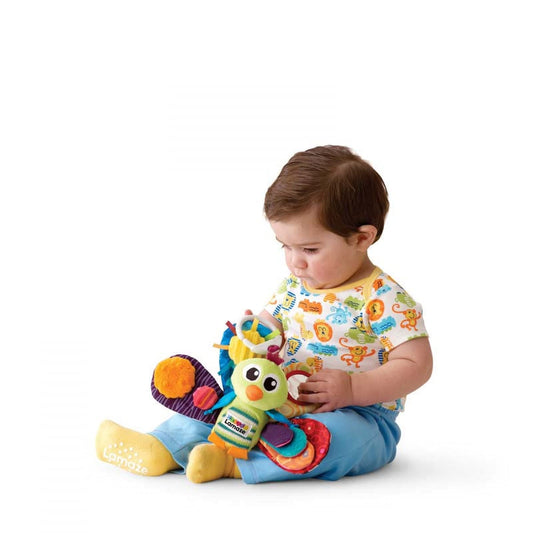 LAMAZE Jacques the Peacock clip-on baby sensory toy for prams and pushchairs, suitable for newborns 0-6 months.