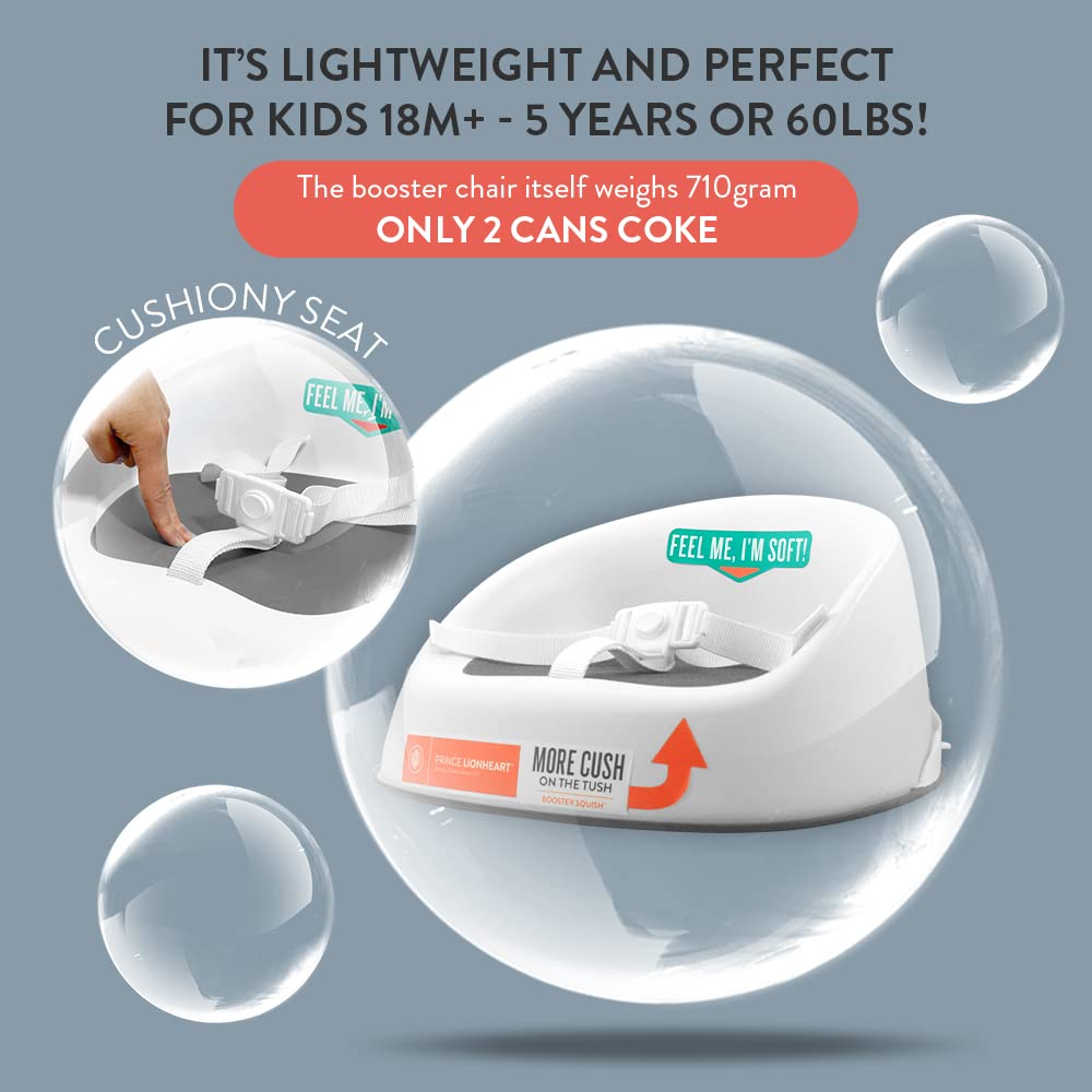 Prince Lionheart Booster Squish Seat | 18m+ - 5yrs (60lbs) | Lightweight | 3-Point Harness | Rigid Base | Springy Seat | Slip-Resistant | Attached To Chair & Child - Galactic Grey