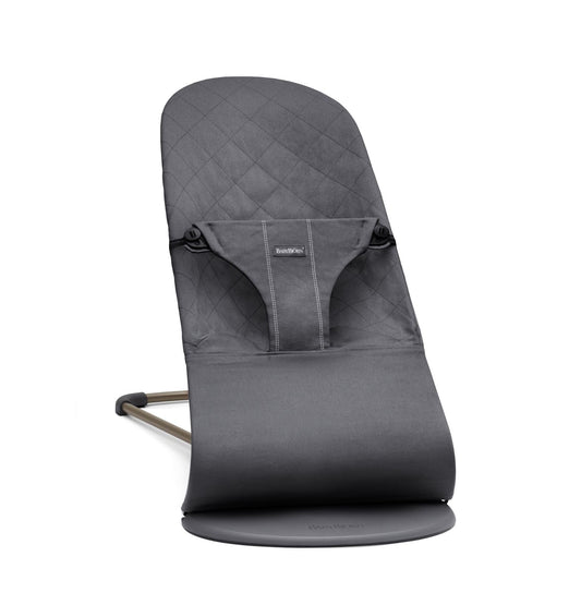 BabyBjörn Bouncer Bliss in woven fabric with classic quilt in anthracite, showing the ergonomic baby bouncer seat and fabric details.