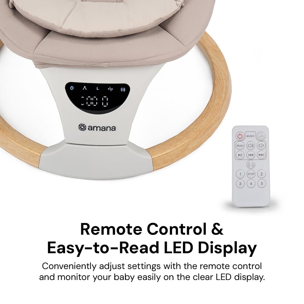 DreamX E-Swing baby swing by Kiddies Kingdom in Dune, Pebble Grey with Bluetooth, remote control, and 5 speed settings.