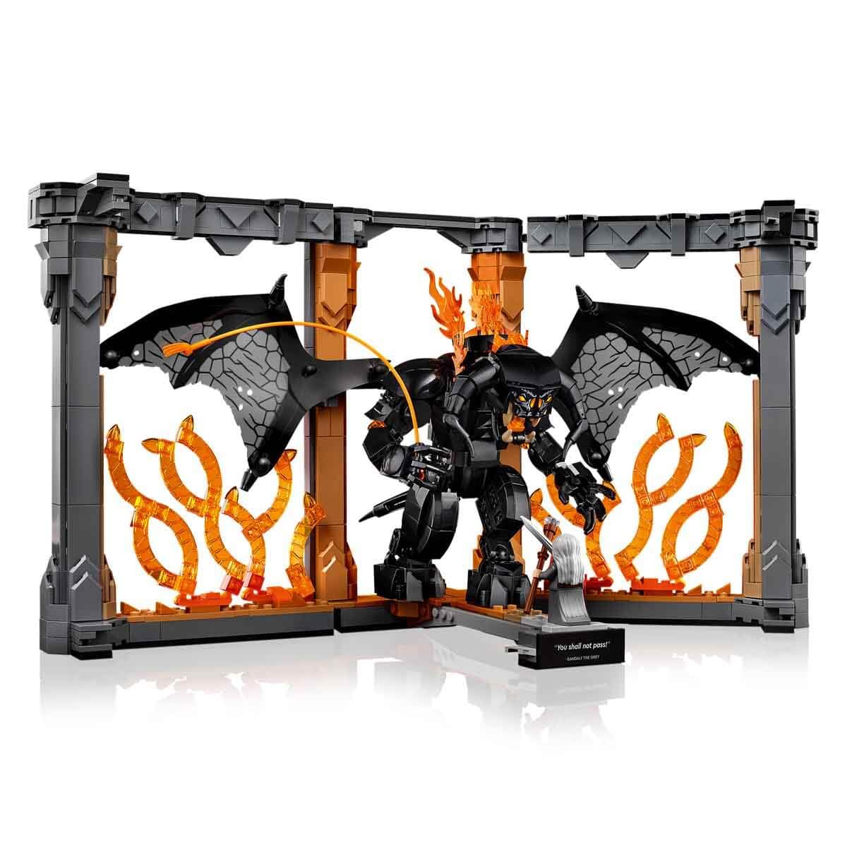 LEGO Icons Balrog Book Nook featuring Gandalf the Grey minifigure and dragon figure, ideal for bookshelf decor.