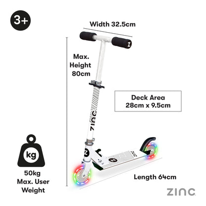 Zinc Two Wheeled Rider Kids Scooter for Ages 3+ – Folding 2-Wheel Kick Scooter with Light Up Wheels, Lightweight, Height Adjustable, Anti-Slip Footplate, Rear Footbrake, Soft Touch Foam Grips, White