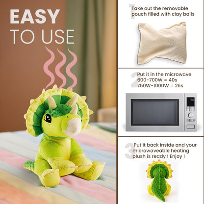BIOSYNEX - Jurassic World Explorers Heatable Plushies – Microwave Warm Cuddle Toy with Removable Clay Bead Pouch - Gentle and Comforting Warmth - Machine Washable and Safe from Birth (Triceratops)