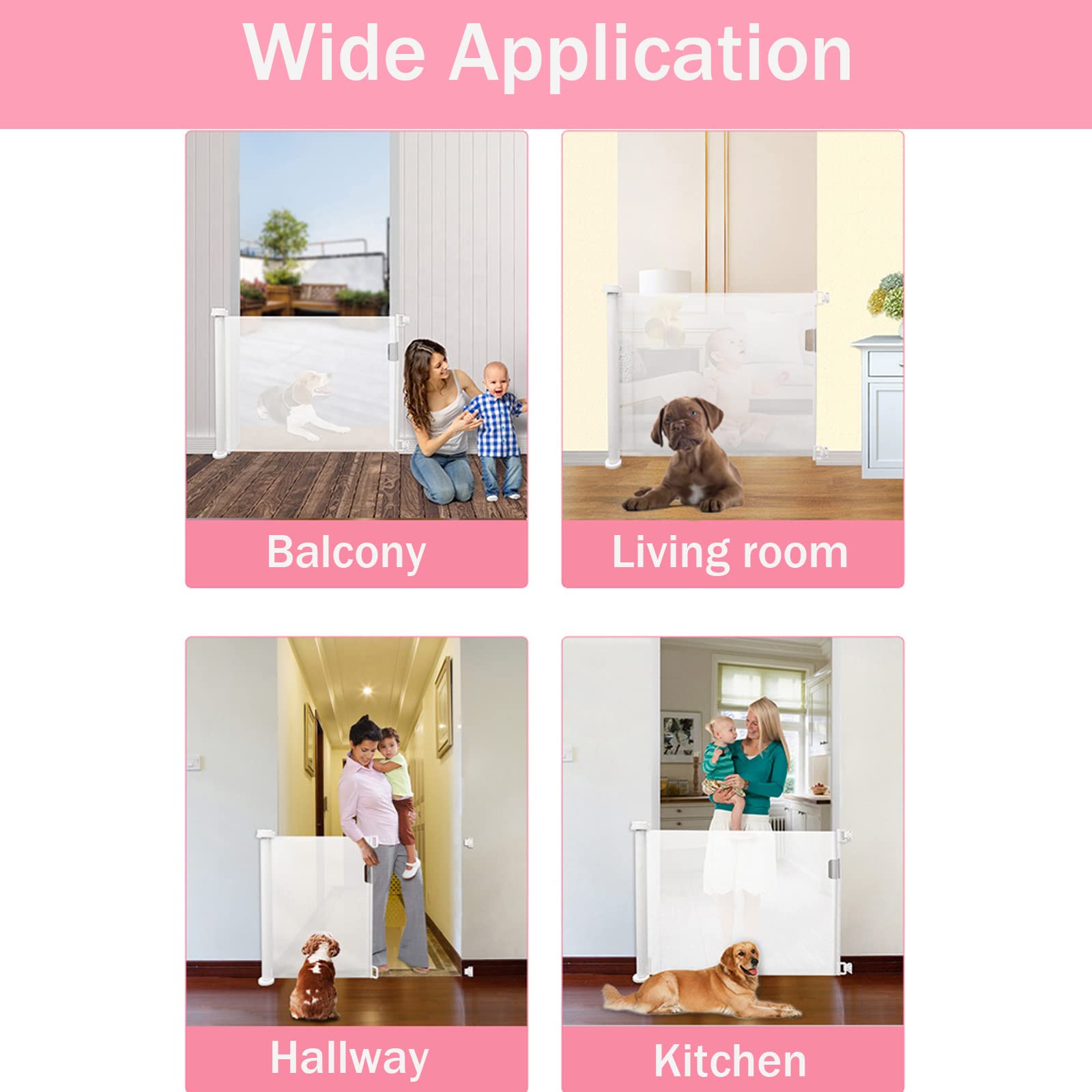 JAOSY baby gate with retractable mesh, white safety gate for stairs and hallways, portable, non-toxic, suitable for indoor and outdoor use