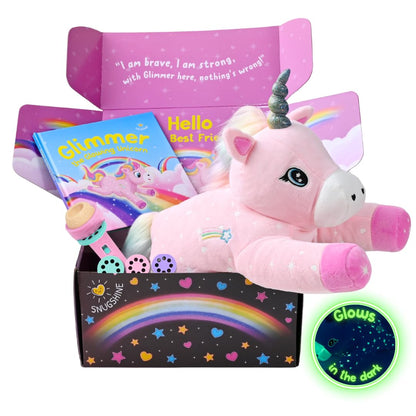 SNUGSHINE Glow in The Dark Unicorn Plush Set with Unicorn Book & Torch Projector starring Glimmer the Glowing Unicorn