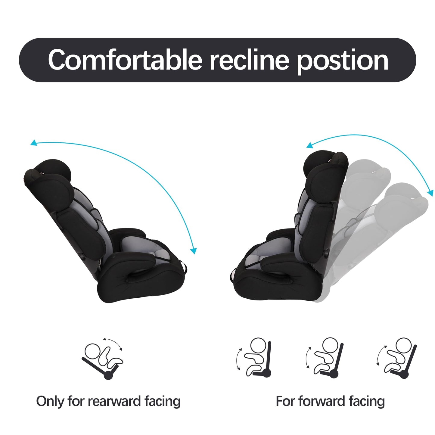Alivio adjustable toddler car seat with padded fabric, 3-layer headrest, and comfortable recline for children from infant to 12 years.