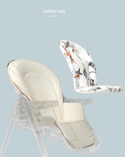 Magic ZC baby high chair for toddlers with adjustable heights, reclining positions, foldable design, detachable trays, and wheels.
