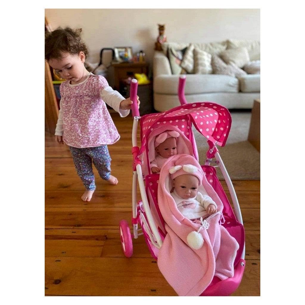 Roma Dotty Dolls Pram with 2 Seats - Dolls Pushchair for 2 Dolls or Teddies, Dolls Double Buggy with Handle Height of 65cm, Suitable for Age 3+, Includes Shopping Basket