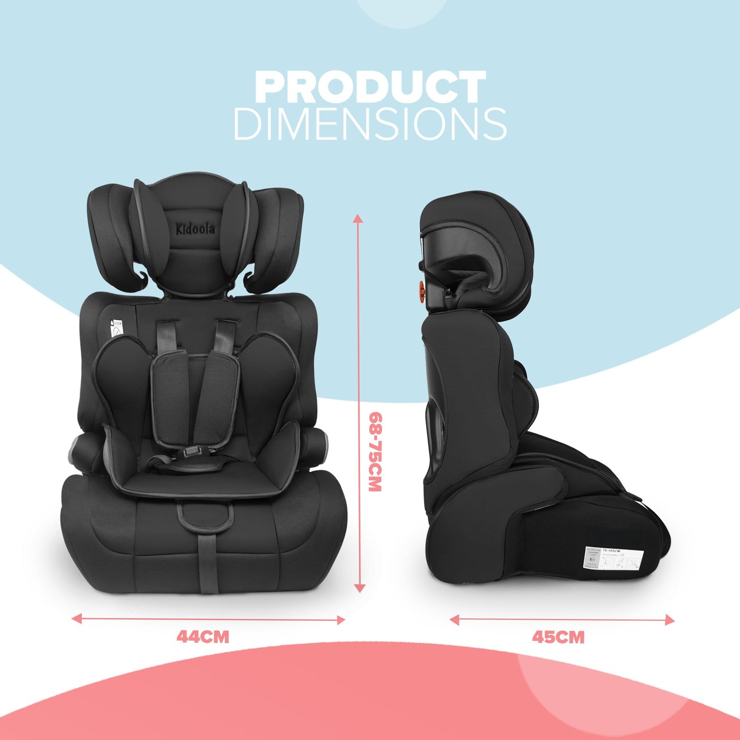 Kidoola Adjustable Car Seat for Toddlers & Children - Safety Certified Booster Seat, Padded & Comfortable with 3 Adjustable Age Functions & Straps, Up to 12 Years - ECE R44/04 (Black)