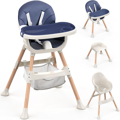 Blue Sweetmirth 4-in-1 convertible baby high chair with adjustable height, removable tray, ergonomic toddler seat for ages 6 months to 5 years.