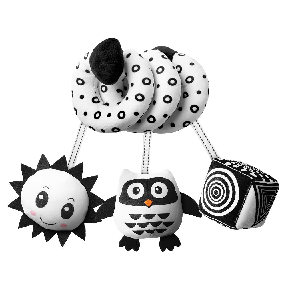 Aolso spiral owl-shaped baby hanging toy with black and white patterns, ringing bell, designed for car seats and cribs.