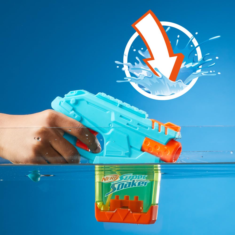 Super Soaker Mini Dunk-Fill water blaster by Nerf, designed for kids age 6+, with a compact water shooting design.