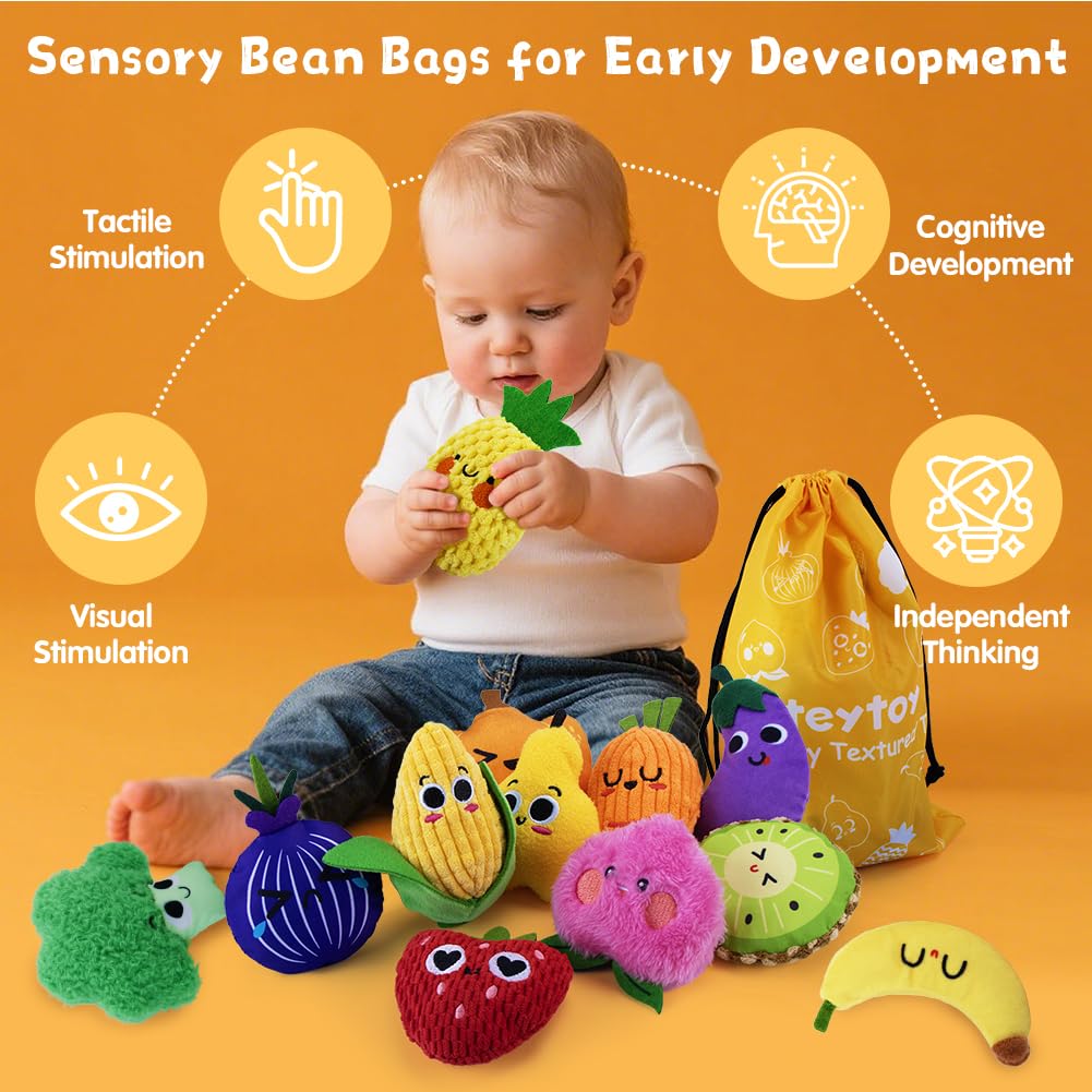 12-pack Teytoy sensory bean bags for kids, textured Montessori tactile toys for autistic children and toddlers, stress relief and motor skill play.
