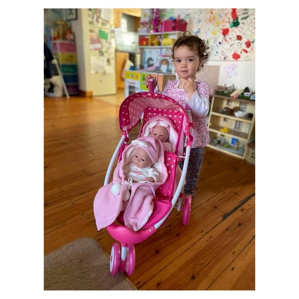 Roma Dotty Dolls Pram with 2 Seats - Dolls Pushchair for 2 Dolls or Teddies, Dolls Double Buggy with Handle Height of 65cm, Suitable for Age 3+, Includes Shopping Basket