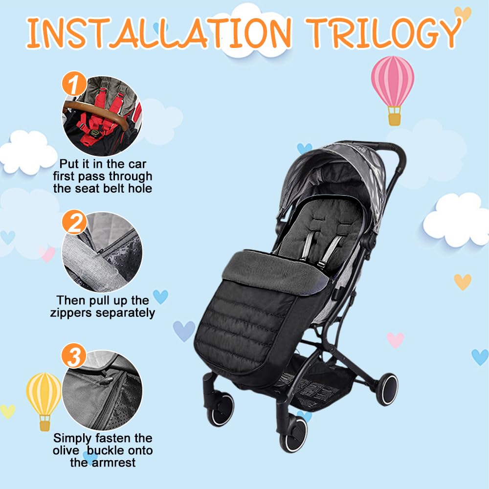 Rppiup Footmuff for Pushchair Universal, Soft Cosy Universal Footmuff for Stroller with Ultra-fine Fleece Lining, Waterproof Windproof Pushchair & Pram Footmuffs for Pushchair Stroller Buggy (Black)