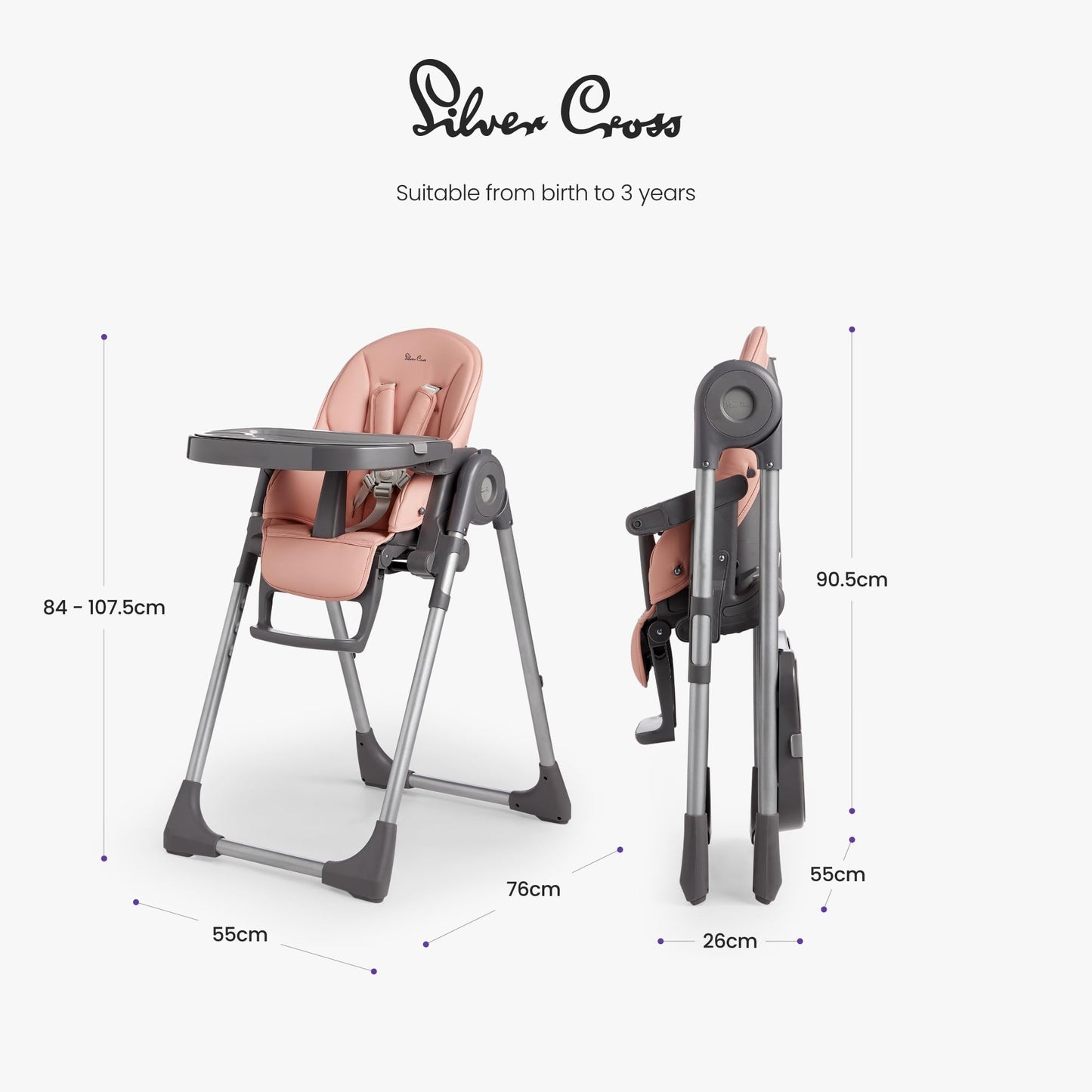 Silver Cross - Buffet Highchair - Baby Chair - Portable High Chair - Newborns to 3 years - Candy Pink