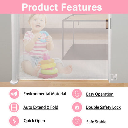 JAOSY retractable baby gate with white mesh, portable safety gate for stairs and hallways, suitable for indoor and outdoor use.
