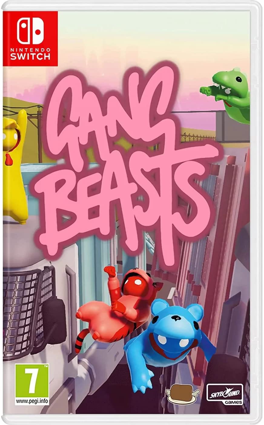 Screenshot of GANG BEASTS Nintendo Switch game showing colorful characters in a chaotic brawl environment.